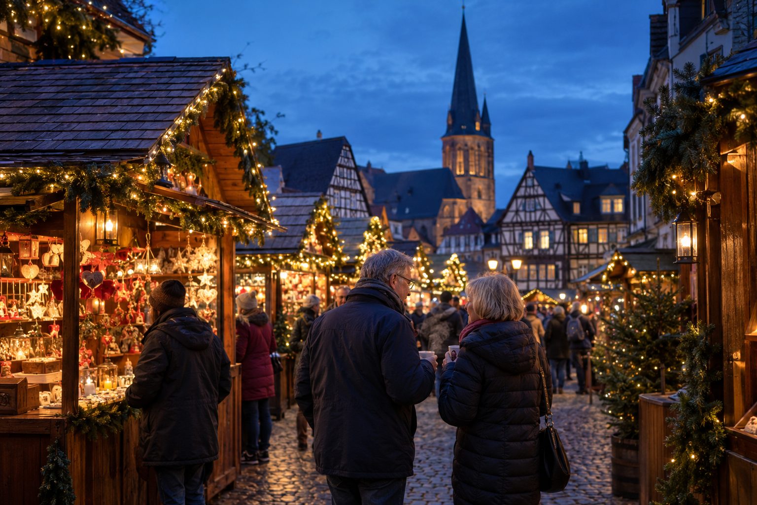 A couple in their sixties stand with mugs of mulled wine between lit wooden stalls at a German Christmas market, a church spire and half-timbered houses behind them in the blue dusk.