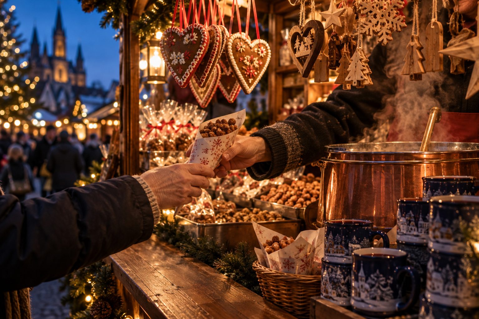 Across a market counter: iced gingerbread hearts on red ribbons, carved wooden ornaments, paper cones of roasted almonds, stacked ceramic mugs and a copper pot of mulled wine.