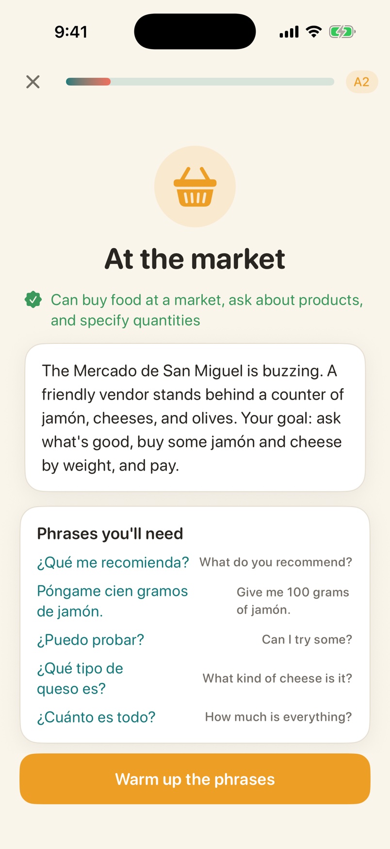Voxolo session briefing for the scene At the market, showing the goal and the five key phrases with their English translations