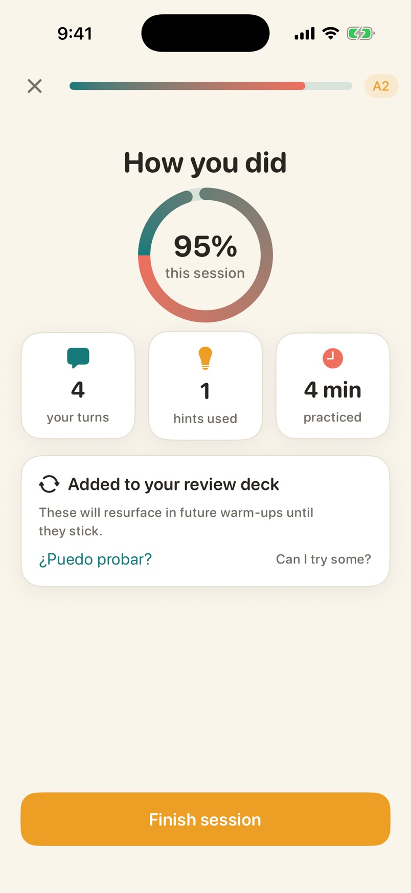 Voxolo session debrief showing a 95 percent score ring, tiles for turns taken, hints used and minutes practised, and a review deck card listing a phrase to revisit