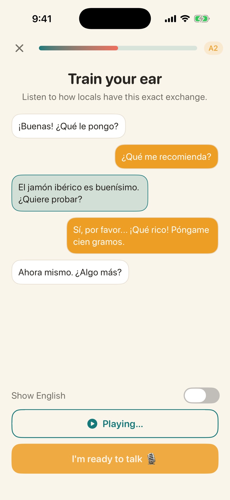 Voxolo listening stage titled Train your ear, showing a five-line Spanish conversation between a vendor and a traveller with the currently playing line highlighted