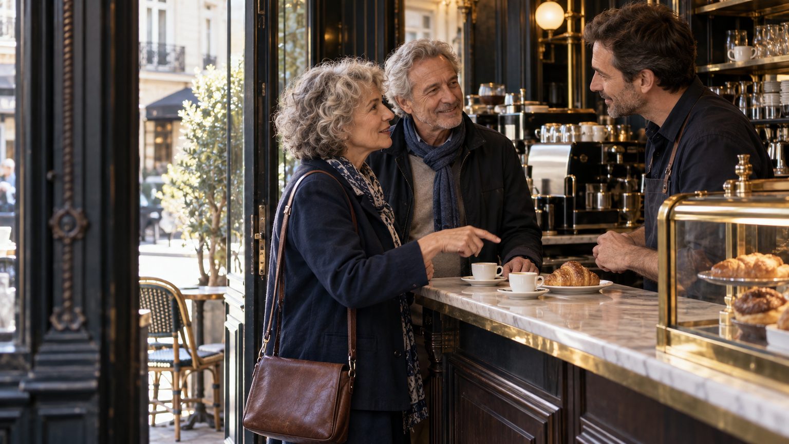 A couple in their sixties orders coffee and a croissant from a barista at the counter of a Paris café