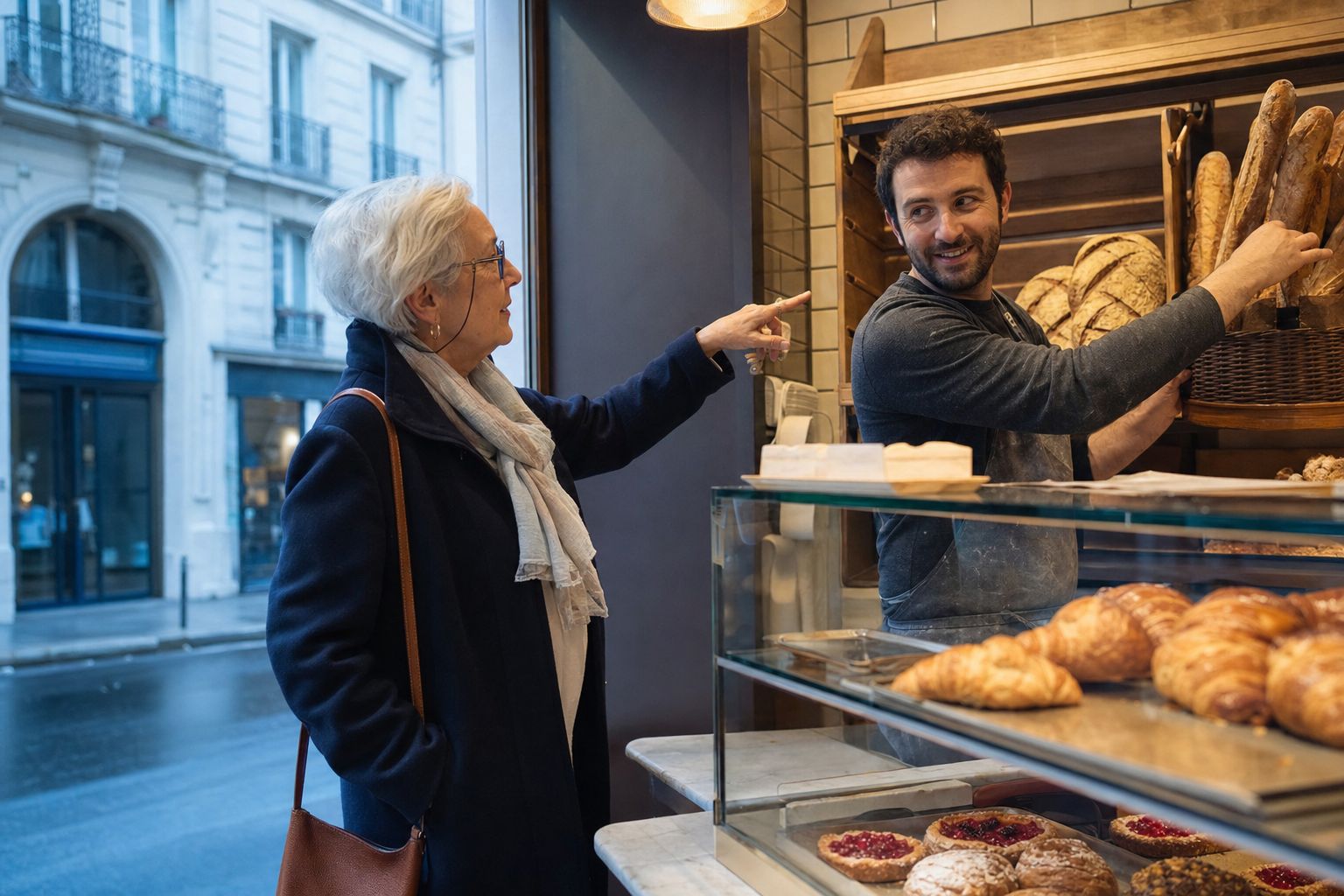 A traveler orders bread from a baker in a Paris boulangerie