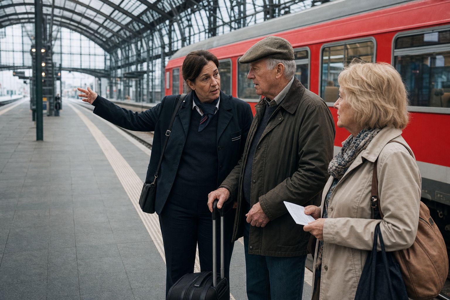 A traveler asks a conductor which carriage to board on a German station platform