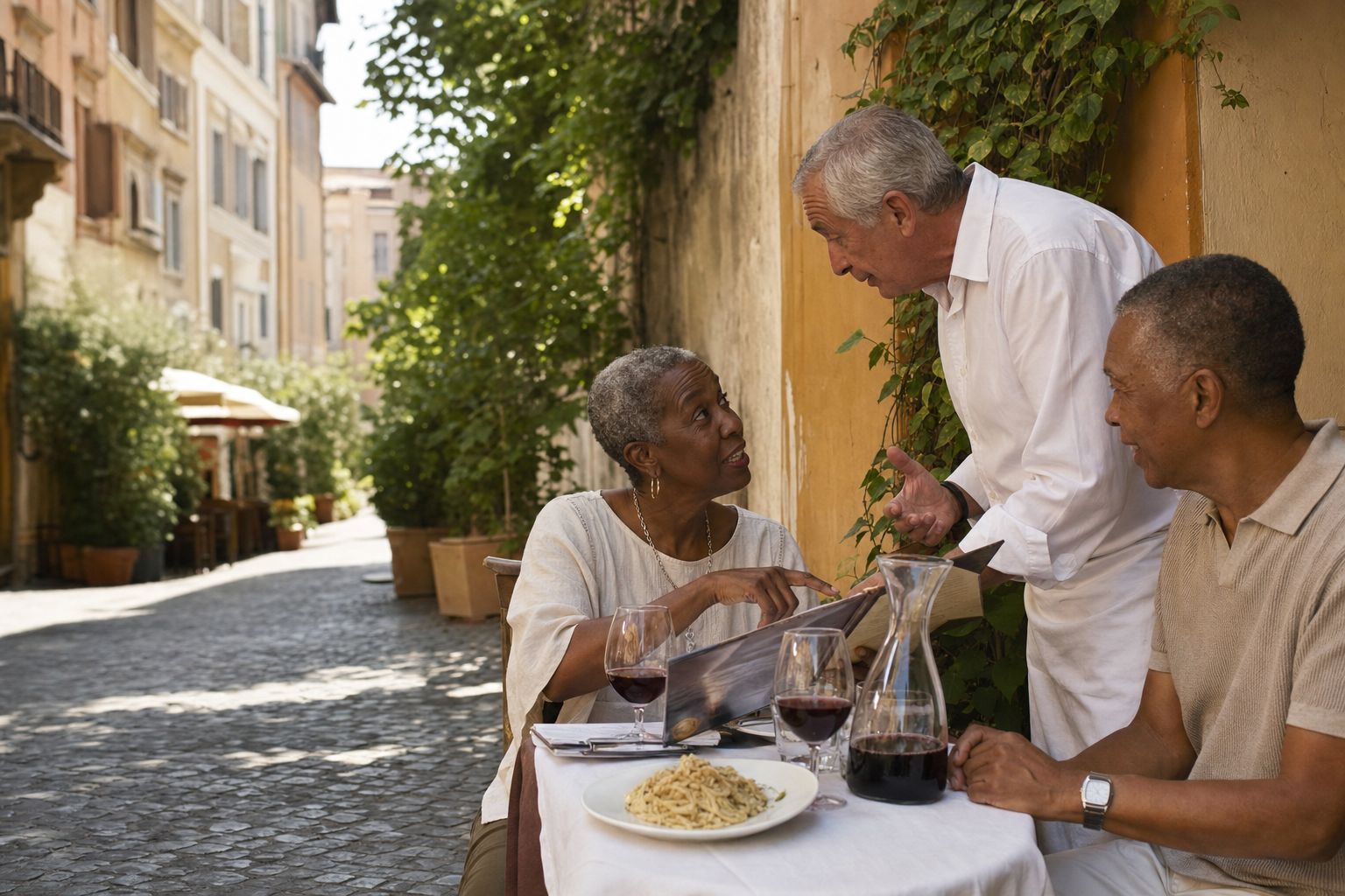 A trattoria owner recommends a wine to a couple on a terrace in Rome