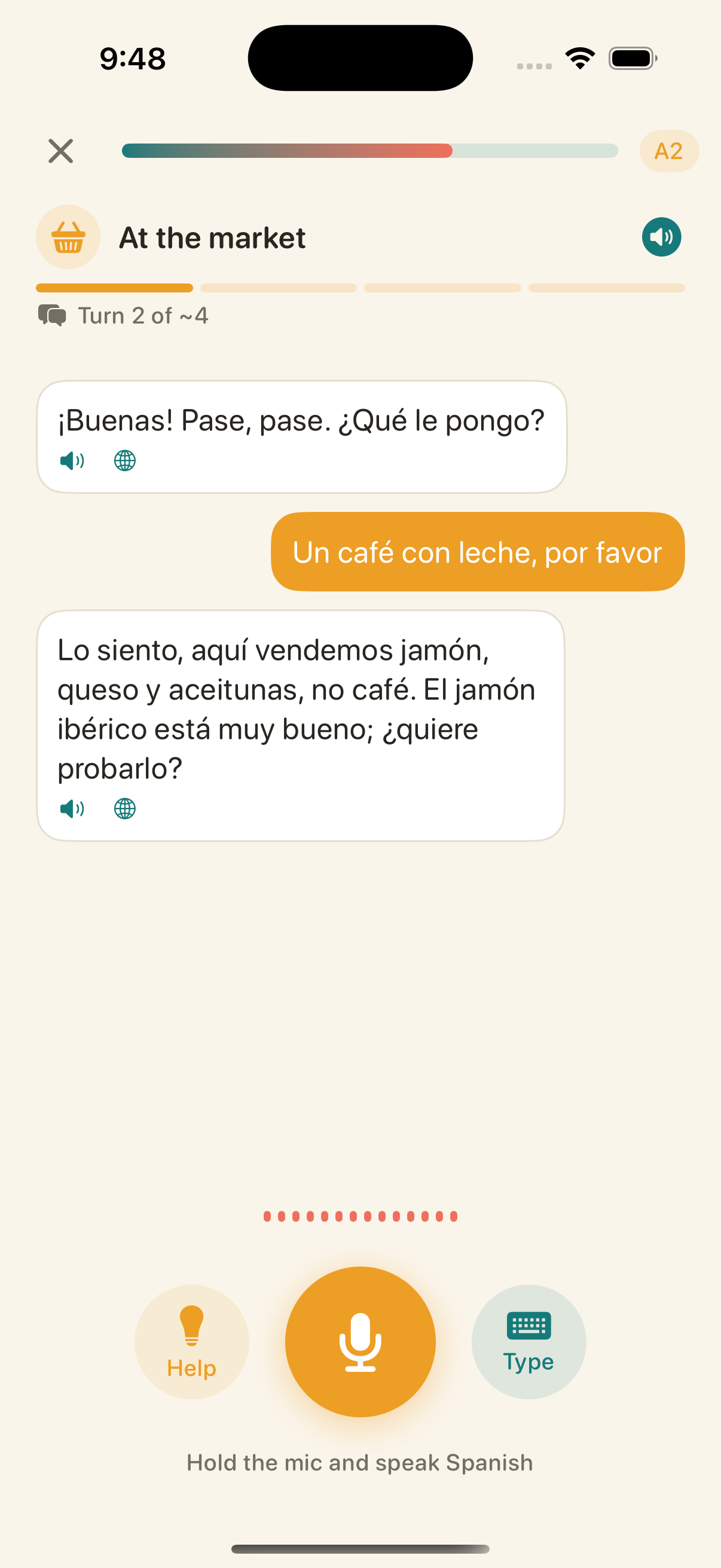 Voxolo live conversation with turn progress and AI reply