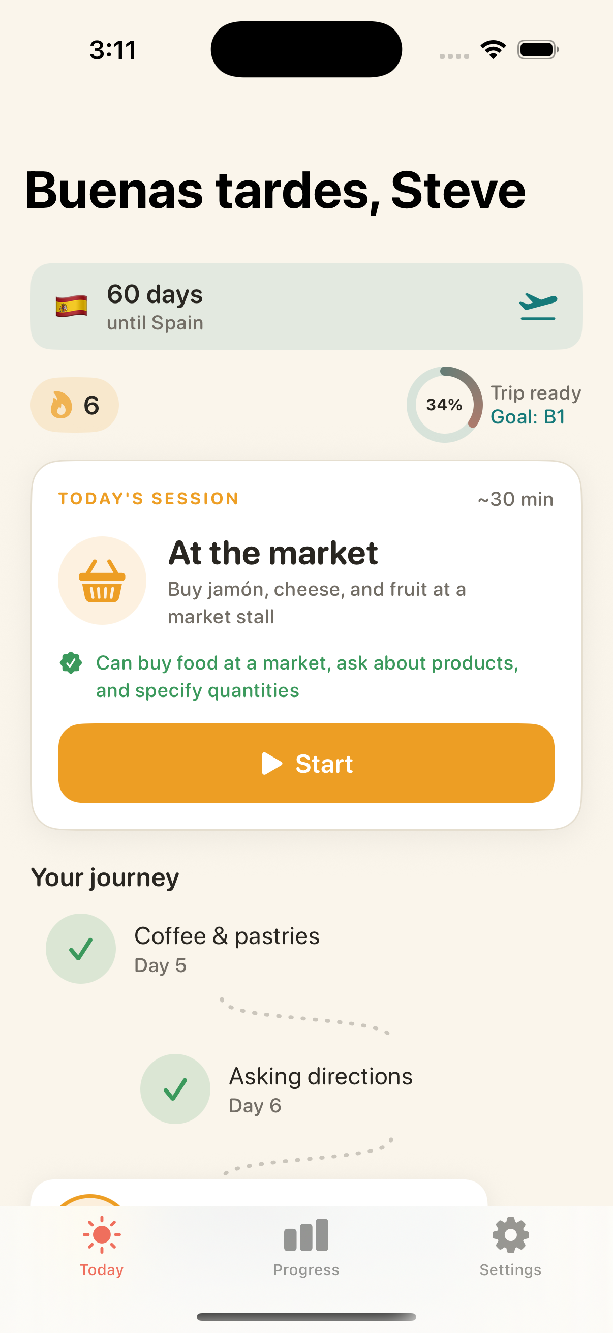 Voxolo home screen with trip countdown and today's lesson